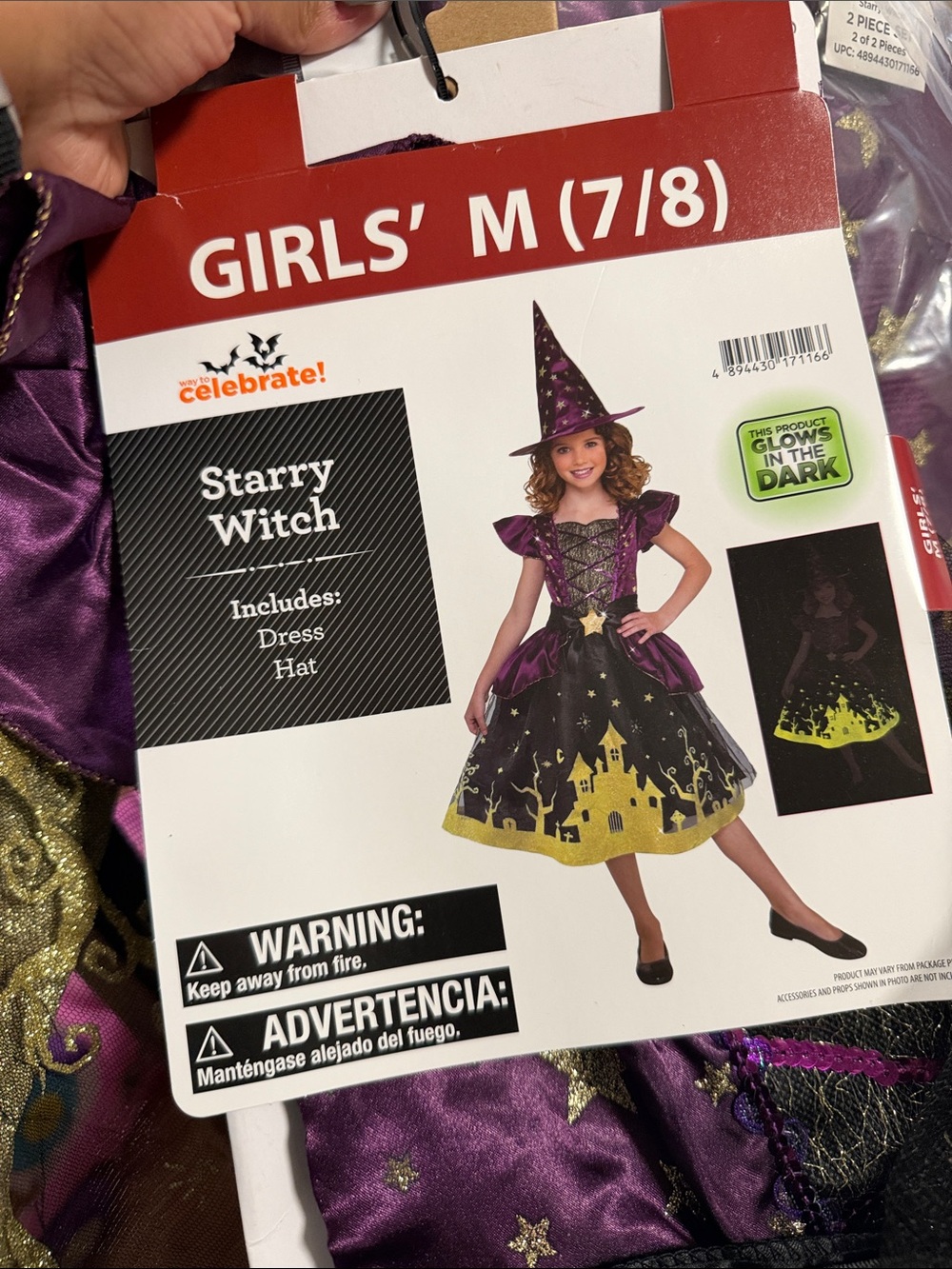 Girls' Starry Witch Costume Dress & Hat - Purple and Gold (M 7/8)